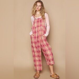 POL Vibrant Pink and Orange Plaid Overalls
